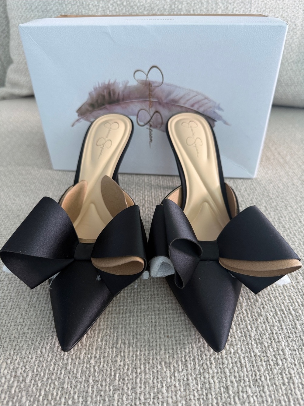 Jessica Simpson Black Satin Pointed-Toe Mule with Bow